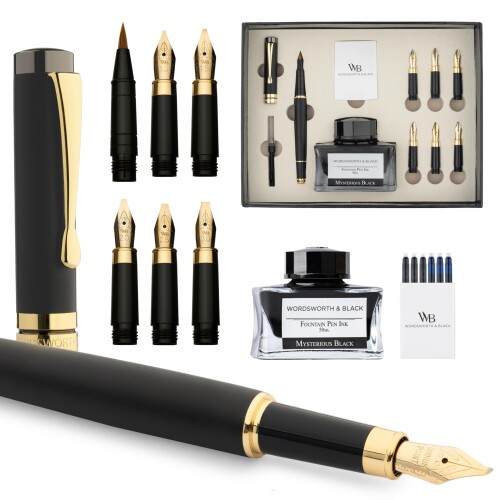 Wordsworth \u0026 Black Calligraphy Pen Gift Set, インキ瓶、6個のインキ薬莢、インキ変換器、6個の取り替えっこニブ、御前上等竹、ジャーナリング、書き味円転自在な書き込み (黒いこと白木)