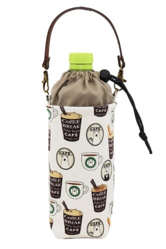 ペットボトルカバー 保冷保温 ペットボトルケース 水筒カバー マグボトルカバー 巾着 500〜600ml 革持ち手 しろくま (しろくまカフェ 生成り)画像