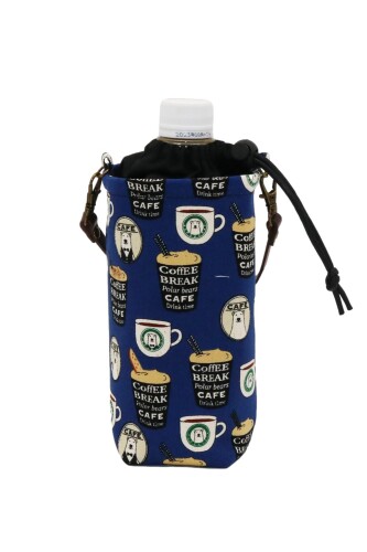 ペットボトルカバー 保冷保温 ペットボトルケース 水筒カバー マグボトルカバー 巾着 500〜600ml 革持ち手 しろくま (しろくまカフェ ネイビー)画像