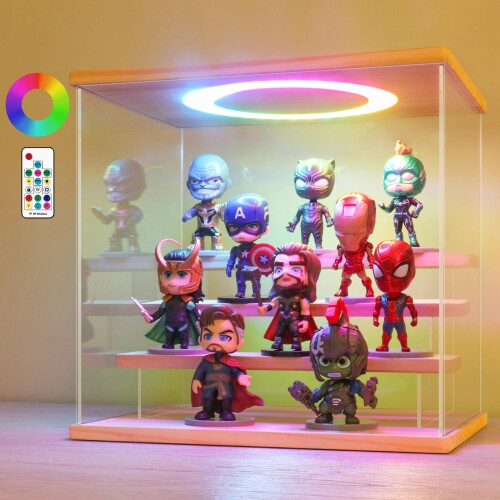 OTAKU フィギュアケース LED付き アクリルケース UVカット扉付きコレクションケース 組み立て式ディスプレイケース ひな壇 防塵 防汚れ 調光可能 フィギュア収納用 手袋 専用クロス付属（
