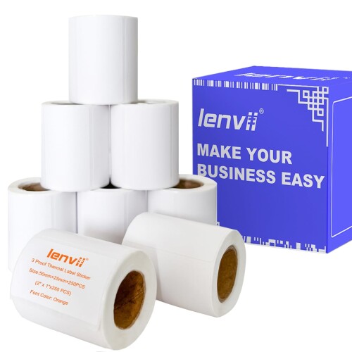 LENVII 50mm×25mm 感熱ラベルシール 2000枚 - 8ロール×250枚、3防仕様（防水・耐油・耐スクラッチ）オレンジ文字印刷感熱ロール紙多用途粘着ステッカー ホーム/オフィス/値札/DIYラベル/配送