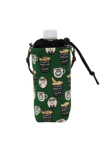 ペットボトルカバー 保冷保温 ペットボトルケース 水筒カバー マグボトルカバー 巾着 500〜600ml 革持ち手 しろくま (しろくまカフェ グリーン)画像