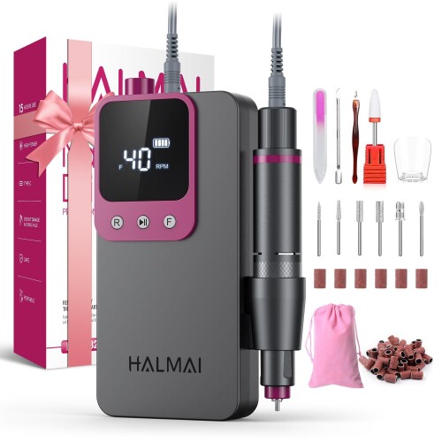 HALMAI HMC320 専門的電動ネイルドリル 持ちはこぶ式ネイルファイル アクリルジェルネイル用 コードレス申し受ける式 超豪然たるネイルドリルキット 40000RPM 赤ちょうちん級EFile器械 (黒薄墨色)