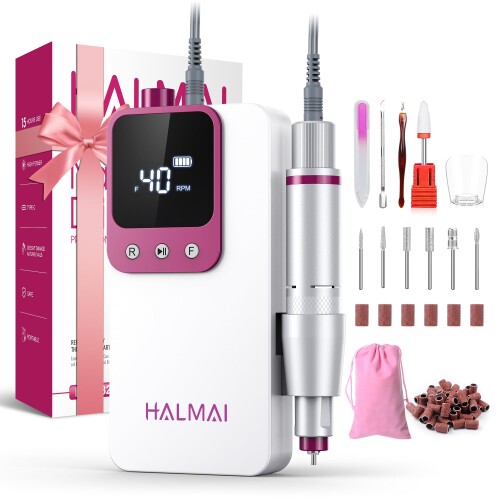 HALMAI HMC320 専門的電動ネイルドリル 持ちはこぶ式ネイルファイル アクリルジェルネイル用 コードレス申し受ける式 超豪然たるネイルドリルキット 40000RPM 赤ちょうちん級EFile器械 (白いこと)