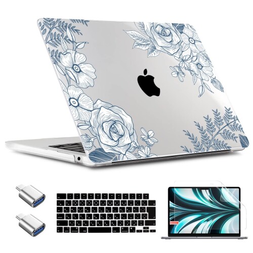 CAMPLALAケース 2023年モデル MacBook Air 15インチ 新型 A2941 M2チップ対応 ハードシェルケース＆キーボードカバー＆画面プロテクター＆OTGアダプター MacBook Air 15.3に適しています、青い花画像