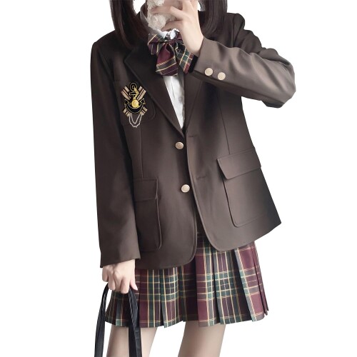 (AOTYP) 女子高生 制服 ブレザー JK制服 コスプレ衣装 5点セット リボン シャツ プリーツスカート ブレザー バッジ 2色 ネイビー ブラック (ブラウン, S)｜アルメリアセカンドストア