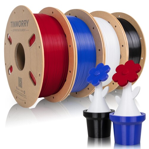 TINMORRY PETG 3Dプリンターフィラメントバンドル、ラピッド PETG 3D印刷機細糸、3D刷り上げる細糸 1 KG × 4色 (3D Printer Filament Black+Red+Cold White+Klein Blue)