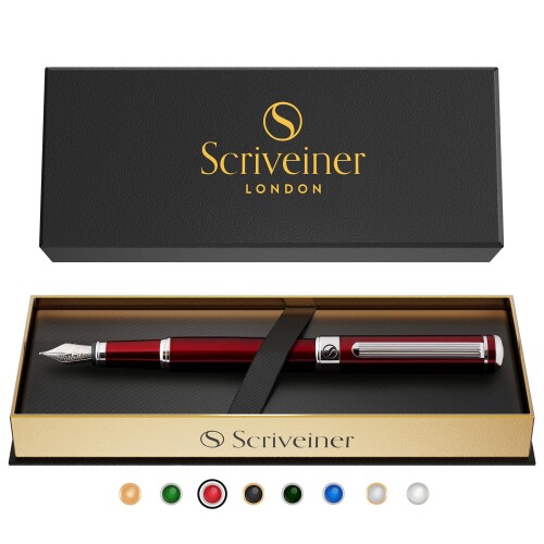 Scriveiner 最高級 プレミアム 万年筆 (赤) 魅力的な美しさ クローム仕上げ Schmidt ペン先(細) 男性にも女性にも最適 プロフェッショナル 重役 職場 上品な万年筆ギフトセット ミディアムペ|アルメリアセカンドストア