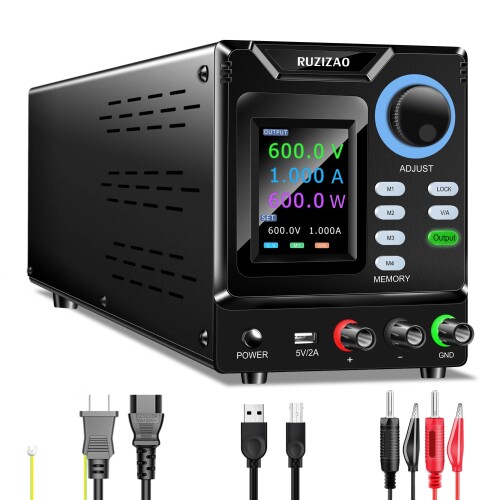 RUZIZAO 可変直流安定化電源（0-600 V 0-1 A）安定化電源、エンコーダノブ、メモリ、出力スイッチ、ロックボタン付き、PCプログラム可能 、4 桁カラーディスプレイを備え、USB-Aインタフェー