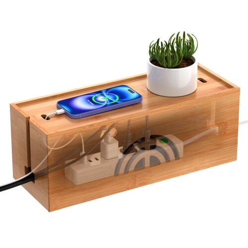 Pezin & Hulin?コンセントボックス 電源タップ収納?竹製ケーブル収納ボックス?幅40ｘ奥行15ｘ高さ15ｃｍ 大容量 各タイプの電源タップに対応?組立不要 簡単に使える ナチュラル