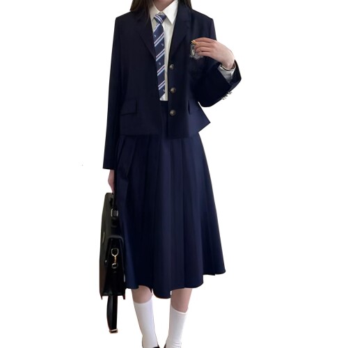 コスプレ 制服 ブレザー 女子高生 jk 制服5点セット 65cm丈 スカート シャツ ネクタイ バッジ 女子高校生 コスチューム ネイビーL|アルメリアセカンドストア