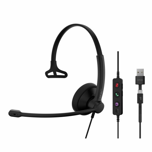 EPOS IMPACT 100 MS モノラル USB-C+A 上端仕掛ける- Microsoft Teams 御墨付き、ノイズキャンセリング、軽さ心積もり、ケイ素樹脂受け支える、USBアダプタ、電話を掛ける抑えつける、UC商行為向け、黒いこと