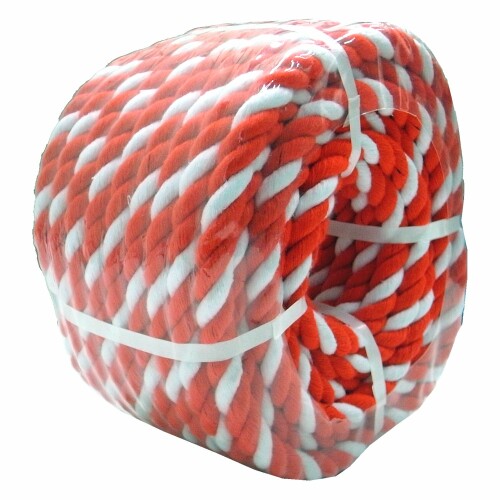 まつうら加工 紅白縄索 (アクリル樹脂原料品、3本より赤2、白1) 約12粍Φ×50m 丸巻容器に並べる