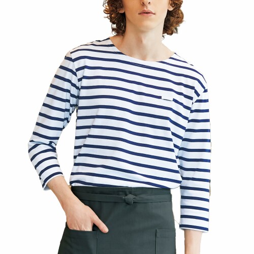 アルベ バスクシャツ 七分袖 ボートネック ボーダー マリンテイスト カジュアル 丈夫 兼用 綿100% 飲食 カフェ 制服 AS8253 C-5 ホワイト×ネイビー 3L