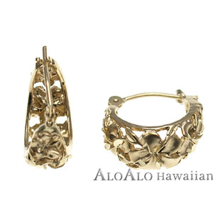ハワイアンジュエリー ピアス イヤリング 14K イエローゴールド プルメリアリングピアス レディース ゴールド フープピアス ハワイ製|ハワイアンジュエリー アロアロ
