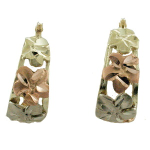ハワイアンジュエリー ピアス イヤリング 14K ゴールド トライカラー フーププルメリア透かしピアス レディース ゴールド フープピアス ハワイ製|ハワイアンジュエリー アロアロ