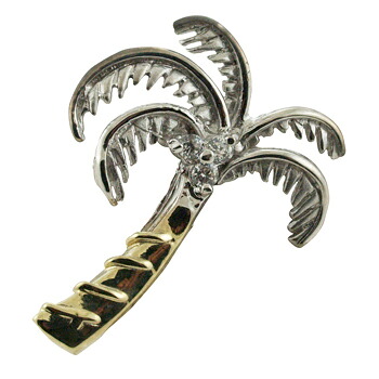 ハワイアンジュエリー ネックレス ペンダント トップ 14K ゴールド ２トーン ３ダイヤモンドココナッツパームツリートップ メンズ レディース ダイヤモンド ヤシの木 ハワイ製｜ハワイアンジュエリー　アロアロ