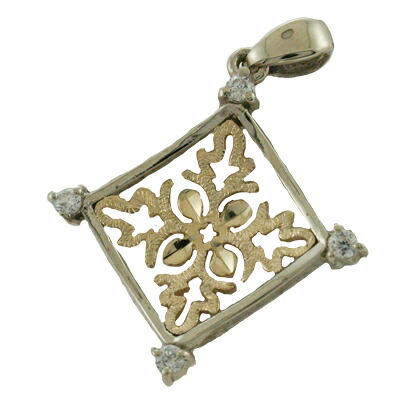ハワイアンジュエリー ネックレス ペンダント トップ 14K ゴールド ２トーンダイヤモンド透かしハワイアンキルトトップ メンズ レディース ダイヤモンド キルト ハワイ製