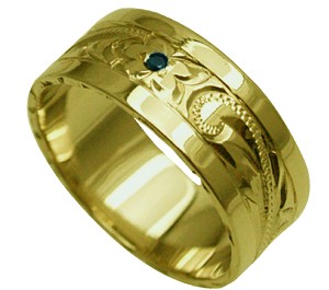 ハワイアンジュエリー リング 指輪 オーダーメイド 1.25mm厚 幅8mm 14K ゴールド グリーンゴールド ブラックダイヤ入り スペシャルプレーンリング ハワイ製 手彫りリング メンズ レディース 結婚指輪 マリッジリング ウェディングリング 2号-28号