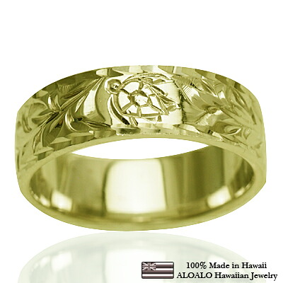 ハワイアンジュエリー リング 指輪 オーダーメイド 1.25mm厚 幅6mm 14K ゴールド グリーンゴールド フラットリング ハワイ製 手彫りリング メンズ レディース 結婚指輪 マリッジリング ウェディングリング 2号-28号