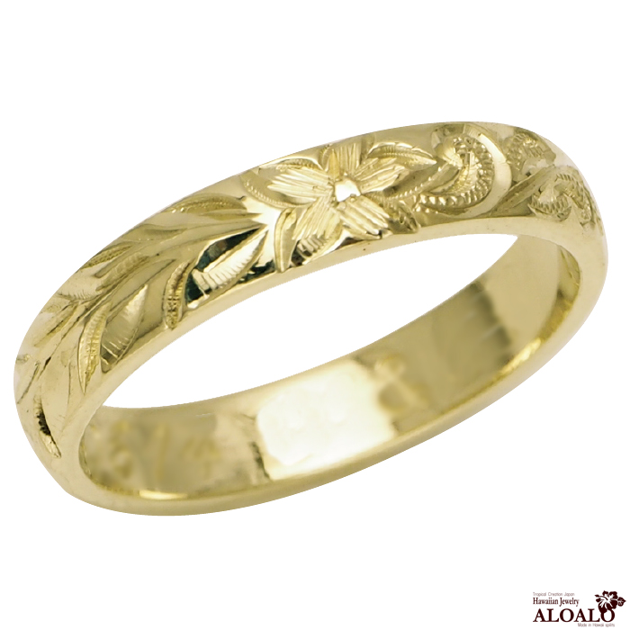 ハワイアンジュエリー リング 指輪 オーダーメイド 重厚な立体感2mm厚 幅4mm 14K ゴールド グリーンゴールド バレルリング ハワイ製 手彫りリング メンズ レディース 結婚指輪 マリッジリング ウェディングリング 2号-28号