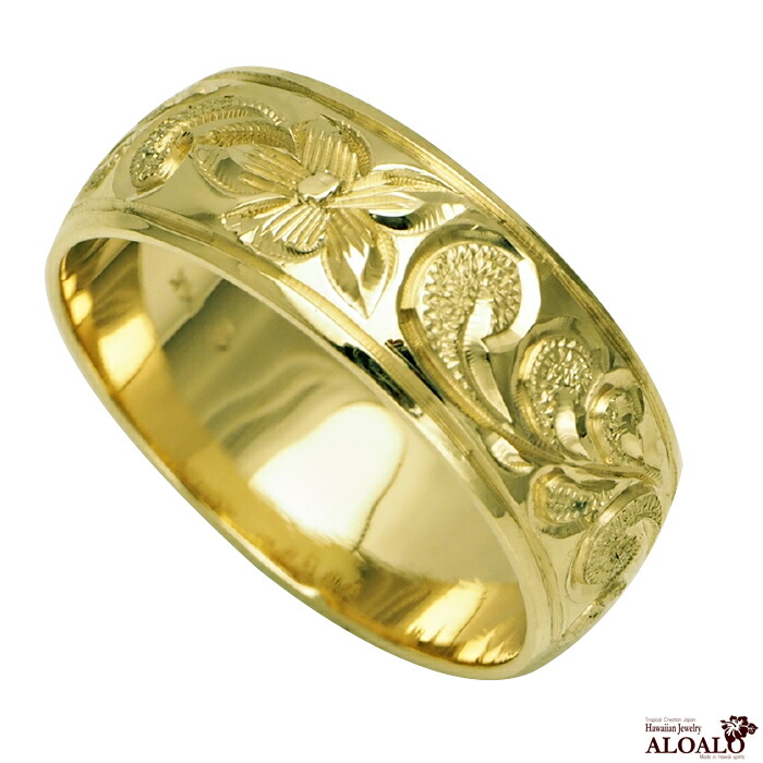 ハワイアンジュエリー リング 指輪 オーダーメイド 重厚な立体感2mm厚 幅8mm 14K ゴールド グリーンゴールド バレルリング ハワイ製 手彫りリング メンズ レディース 結婚指輪 マリッジリング ウェディングリング 2号-28号｜ハワイアンジュエリー　アロアロ