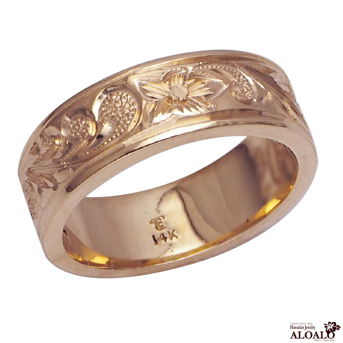 ハワイアンジュエリー リング 指輪 オーダーメイド 1.25mm厚 幅6mm 14K ゴールド ピンクゴールド フラットリング ハワイ製 手彫りリング メンズ レディース 結婚指輪 マリッジリング ウェディングリング 2号-28号