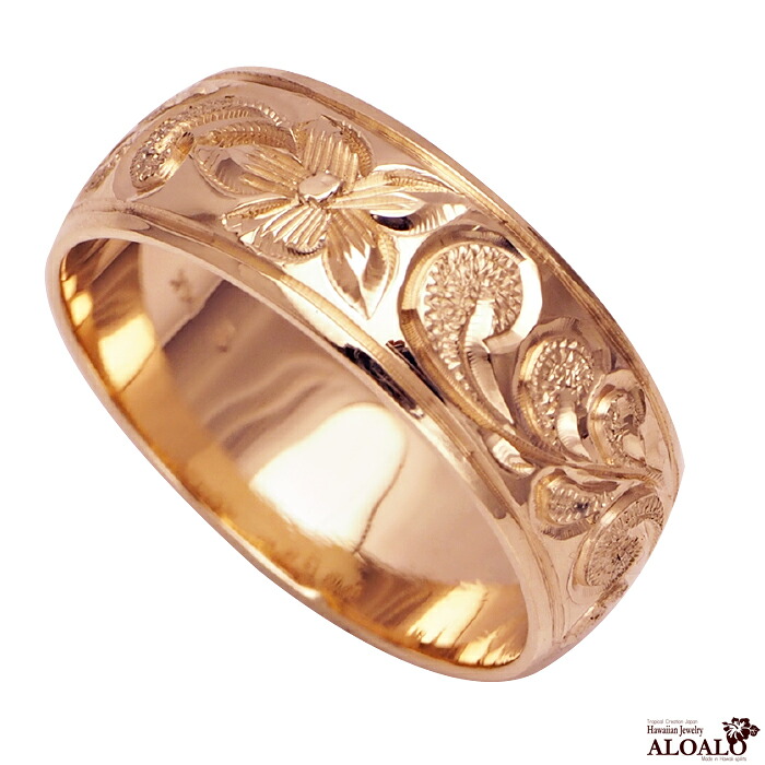 ハワイアンジュエリー リング 指輪 オーダーメイド 1.5mm厚 幅8mm 14K ゴールド ピンクゴールド バレルリング ハワイ製 手彫りリング メンズ レディース 結婚指輪 マリッジリング ウェディングリング 2号-28号
