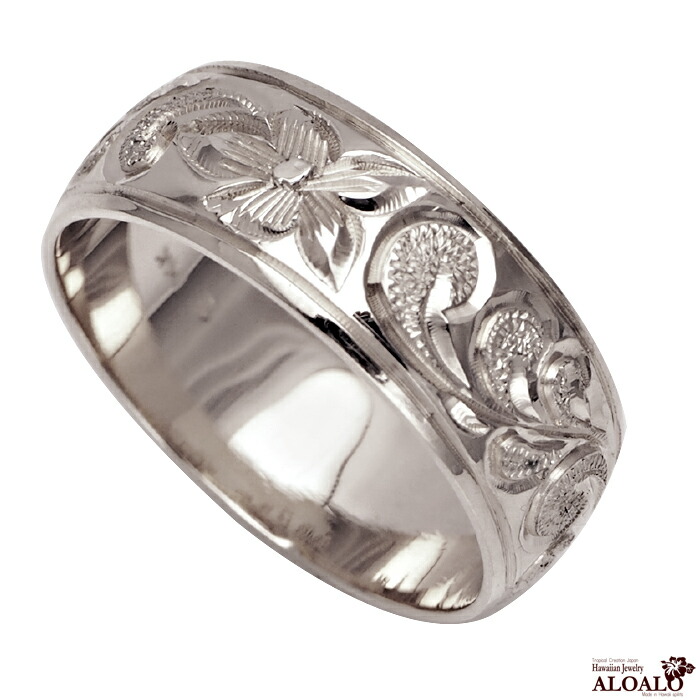 ハワイアンジュエリー リング 指輪 オーダーメイド 1.5mm厚 幅8mm 14K ゴールド ホワイトゴールド バレルリング ハワイ製 手彫りリング メンズ レディース 結婚指輪 マリッジリング ウェディングリング 2号-28号
