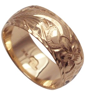 ハワイアンジュエリー リング 指輪 オーダーメイド 1.5mm厚 幅8mm 14K ゴールド ピンクゴールド バレルリング ハワイ製 手彫りリング メンズ レディース 結婚指輪 マリッジリング ウェディングリング 2号-28号