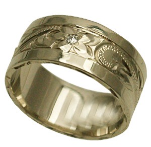 ハワイアンジュエリー リング 指輪 オーダーメイド 1.25mm厚 幅8mm 14K ゴールド ホワイトゴールド ダイヤ入り スペシャルプレーン フラットリング ハワイ製 手彫りリング メンズ レディース 結婚指輪 マリッジリング ウェディングリング 2号-28号