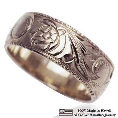 ハワイアンジュエリー リング 指輪 オーダーメイド 1.5mm厚 幅8mm 14K ゴールド ホワイトゴールド バレルリング ハワイ製 手彫りリング メンズ レディース 結婚指輪 マリッジリング ウェディングリング 2号-28号