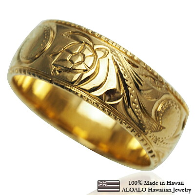 ハワイアンジュエリー リング 指輪 オーダーメイド 1.5mm厚 幅8mm 14K ゴールド イエローゴールド バレルリング ハワイ製 手彫りリング メンズ レディース 結婚指輪 マリッジリング ウェディングリング 2号-28号