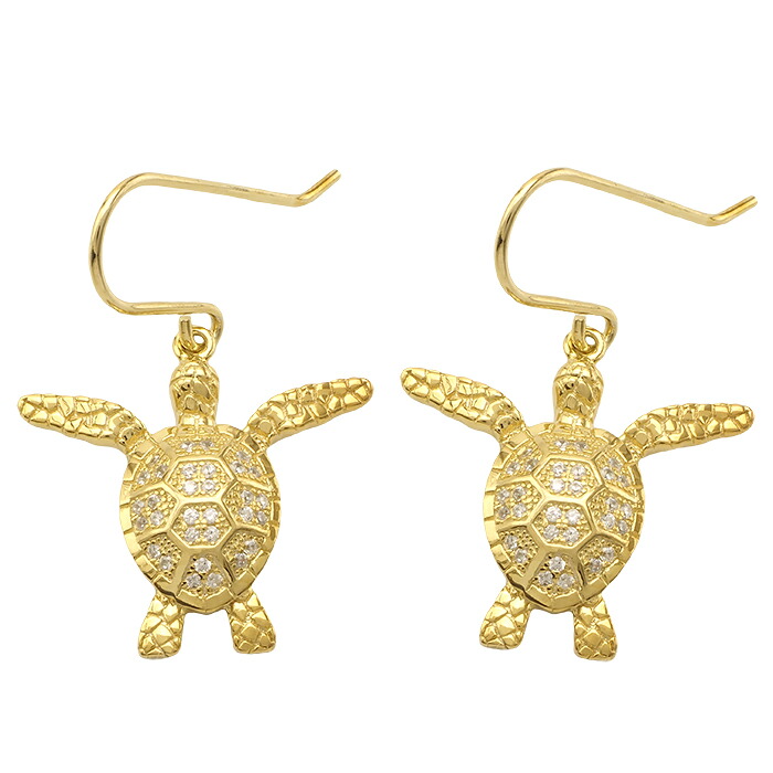 ハワイアンジュエリー ピアス フックピアス イヤリング シルバー925 ホヌ ウミガメ イエローゴールドコーティング ジルコニア|ハワイアンジュエリー アロアロ