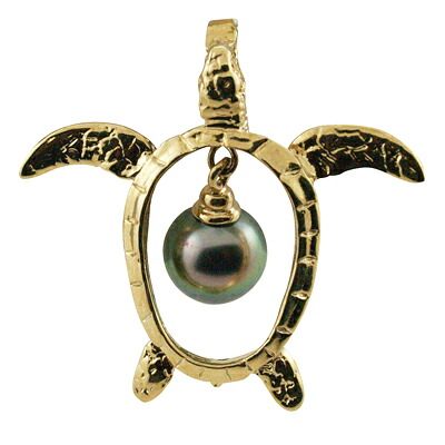 ハワイアンジュエリー ネックレス ペンダントトップ 14k ゴールド タヒチアンパール 黒真珠 ランクＡＡＡ ホヌ揺れるブラックパールトップ レディース ゴールド