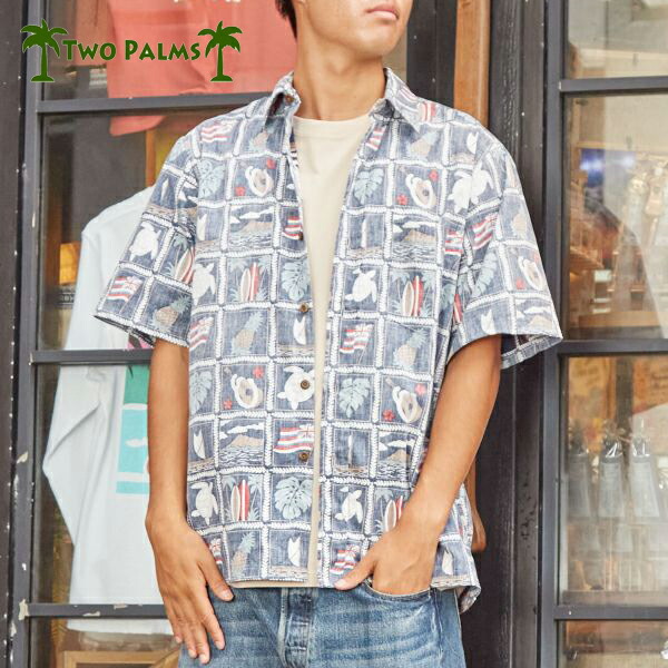 アロハシャツ メンズ ハワイアン シャツ TWO PALMS トゥーパームス 半袖シャツ リゾートシャツ ファッション メイドインハワイ aloha 挙式 結婚式 リゾート 海 ビーチ ホヌ サーフボード ネイビー コーラル （フラッグ）（M L）hawaii 直輸入 おしゃれ