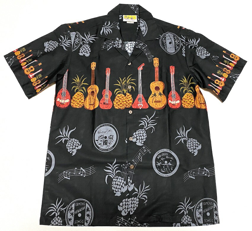 アロハシャツ メンズ 大層らしい大きさ WINNIE FASHION ウィーニーファッション WF009  黒いこと 黒 ウクレレ インストゥルメント フルーツ 間借り人 差し上げ物 差し上げ物 一般受け 今めかしい ブランド名 華燭の典 父の日 綿織物100％ 貨物輸送無料