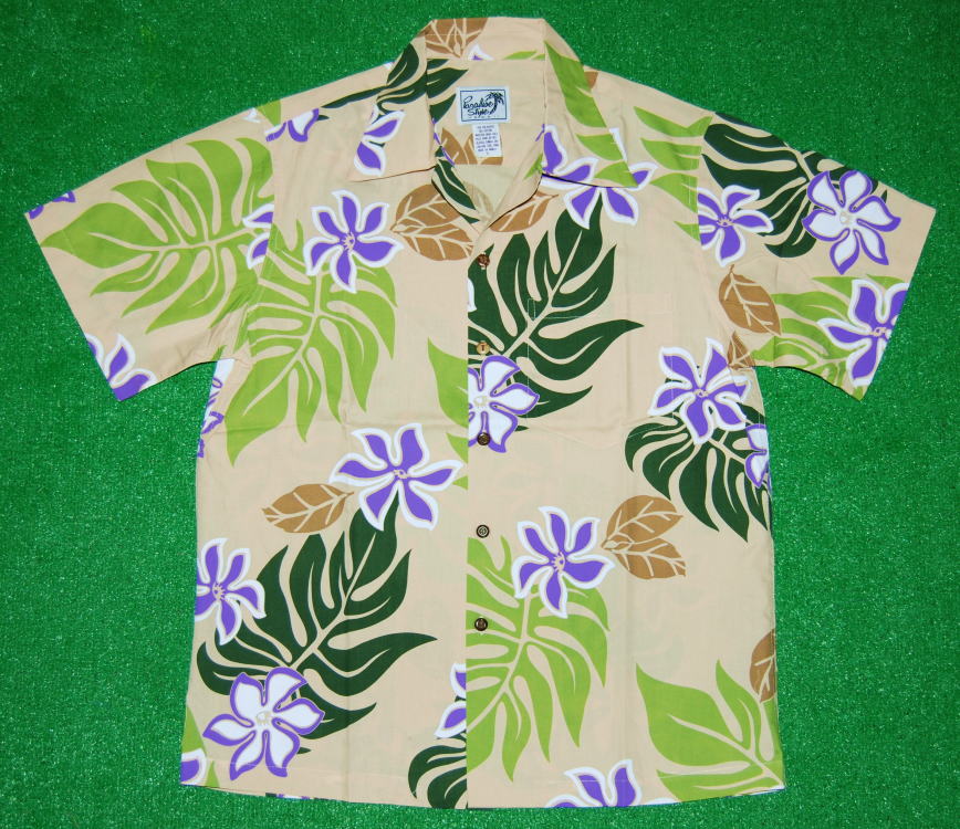 アロハシャツ メンズ 半袖 レディース PARADISE STYLE(パラダイス スタイル)PSS025 ライトベージュ 花柄・ティアレ・モンステラ 大きいサイズ 人気 おしゃれ 母の日 父の日 誕生日 コットン35%ポリエステル65% 開襟 送料無料|アロハシャツのWAKUWAKU店