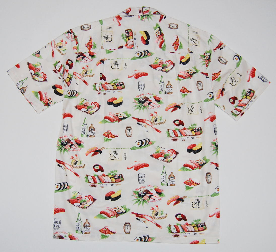 本店は アロハシャツ メンズ 半袖 大きいサイズ Paradise Style パラダイス スタイル Pss092 アイボリー おすし にぎり 回転 日本食 和柄 人気 プレゼント ギフト 誕生日 ブランド 父の日 母の日 還暦 お祝い イベント クールビズ 結婚式 旅行 フルオープン 保障