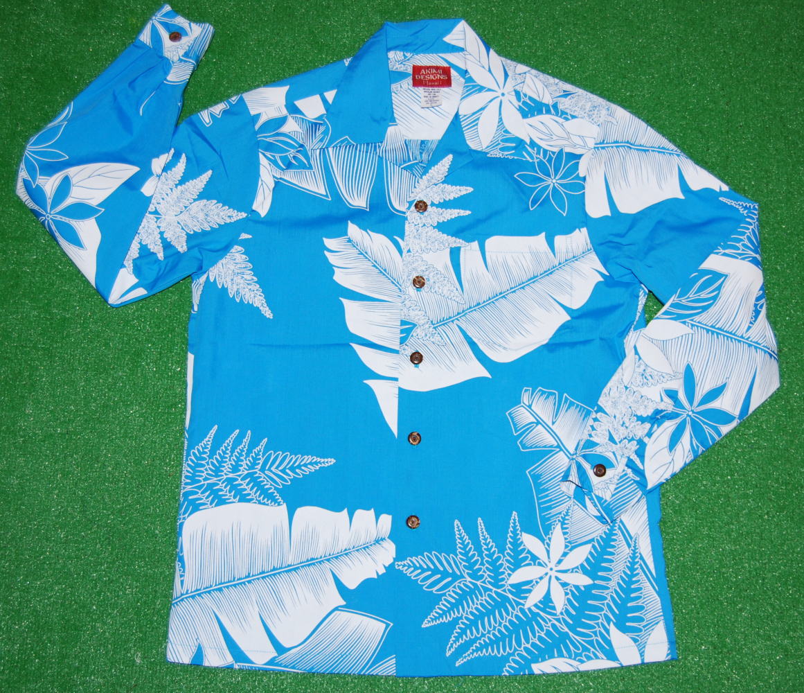アロハシャツ 長袖 メンズ 送料無料 AKIMI DESIGNS HAWAII(アキミデザインズハワイ） ALONG037 スカイブルー（水色） 大きいサイズ 小さいサイズ おしゃれ 人気 ブランド プレゼント 父の日 在宅 リモート ツートーン ハワイアン柄 コットン35％ポリ65％ 開襟