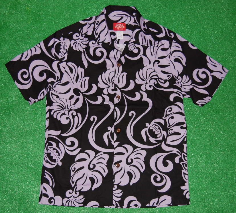 アロハシャツ｜AKIMI DESIGNS HAWAII(アキミ デザインズ ハワイ）｜AK118｜半袖｜メンズ｜ブラック（黒）｜パープル（紫）｜ツートーン｜リーフ柄｜モンステラ｜ホヌ｜ウミガメ｜コットン35％ポリ65％｜開襟（オープンカラー）｜送料無料！
