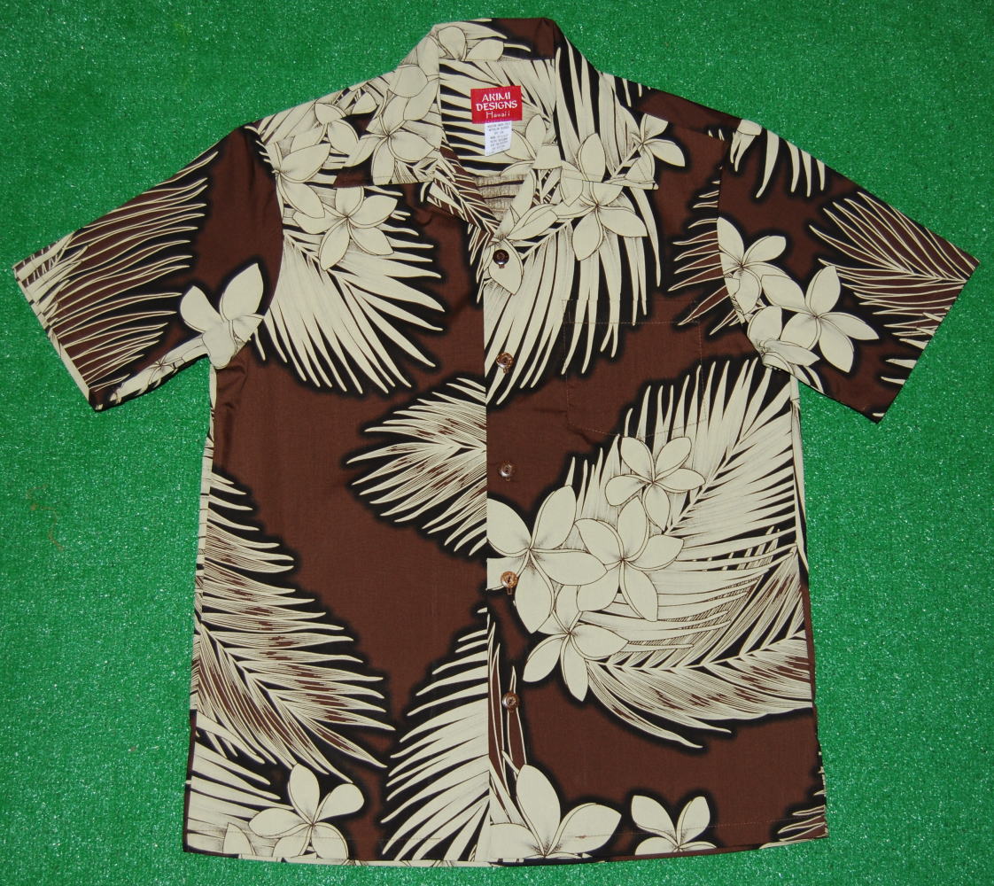 正規品 アロハシャツ メンズ 半袖 大きいサイズ Akimi Designs Hawaii アキミ デザインズ ハワイ Ak161 レディース 茶色 リーフ柄 プルメリア 人気 おしゃれ イベント プレゼント ギフト 結婚式 旅行 リモート バーベキュー 飲み会 新品 開襟 オープンカラー 送料