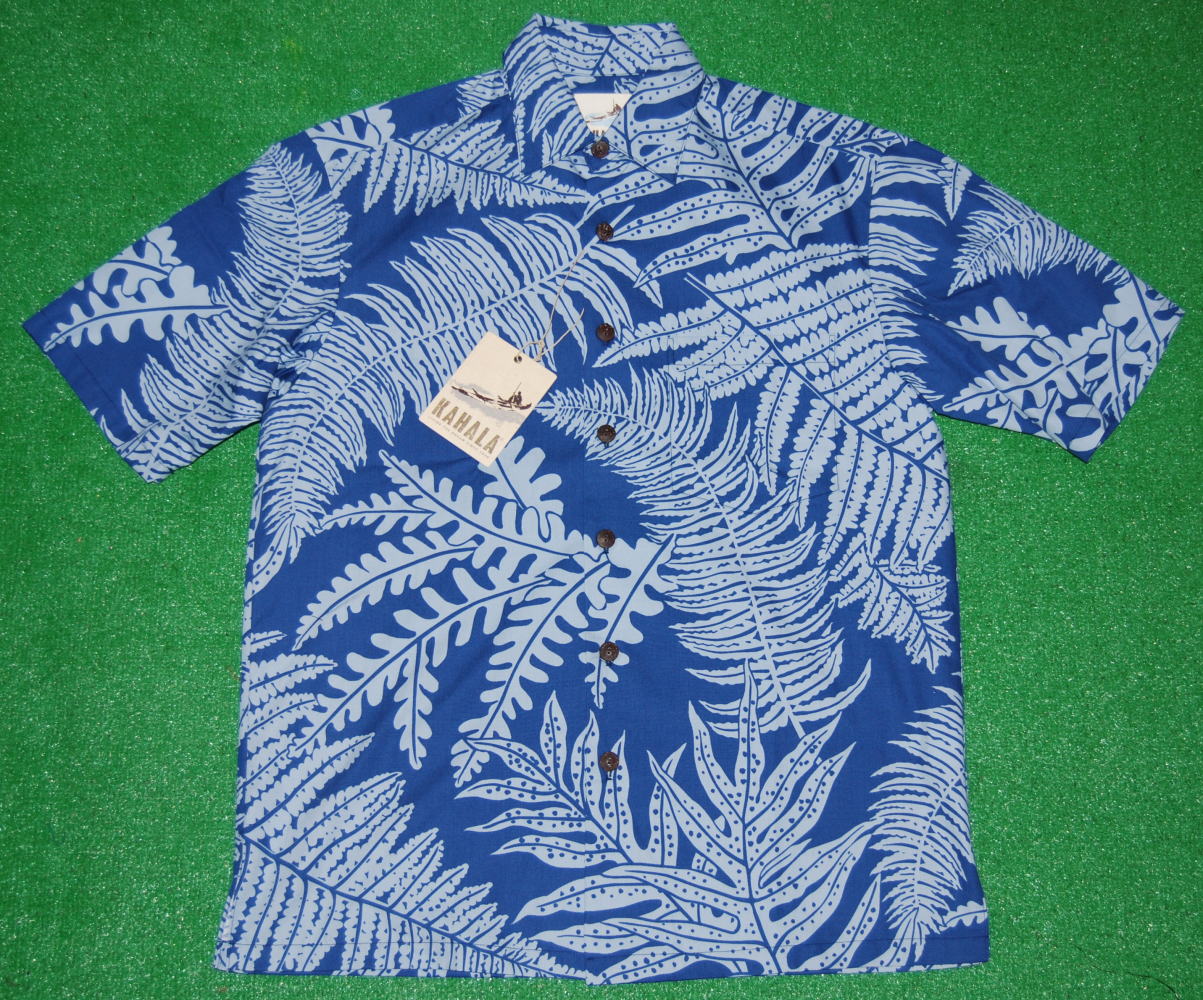 アロハシャツ メンズ 半袖 KAHALA(カハラ） KHL026 ブルー（青） ツートーン 葉柄（ハワイアンリーフ・シダ） プレゼント ギフト ブランド 父の日 コットン100％（表地） ノーマルカラー 送料無料｜アロハシャツのWAKUWAKU店