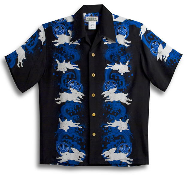 アロハシャツ メンズ レディース MAKANA LEI マカナレイ AMT058BK 黒いこと  黒 和柄 うさぎ 波 間借り人 一般受け 今めかしい 個人的特徴的 御召しもの でき事 差し上げ物 差し上げ物 お祝 父の日 旅する 絹地100％ 開襟  貨物輸送無料