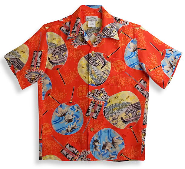 アロハシャツ|メンズ|レディース|半袖|MAKANALEI・マカナレイ|AMT062EXRD|赤いこと・赤|和柄|うちわ|金魚|屋形船柄|かっこ良い|一般受け|差し上げ物|差し上げ物|生まれ落ちる日|でき事|お祝|母の日|父の日|クリスマス|旅する|平織りジャガードシルク100％|開襟（明けっ広げ色合い）|貨物輸送無料 トップス-カジュアルシャツ-メンズファッション