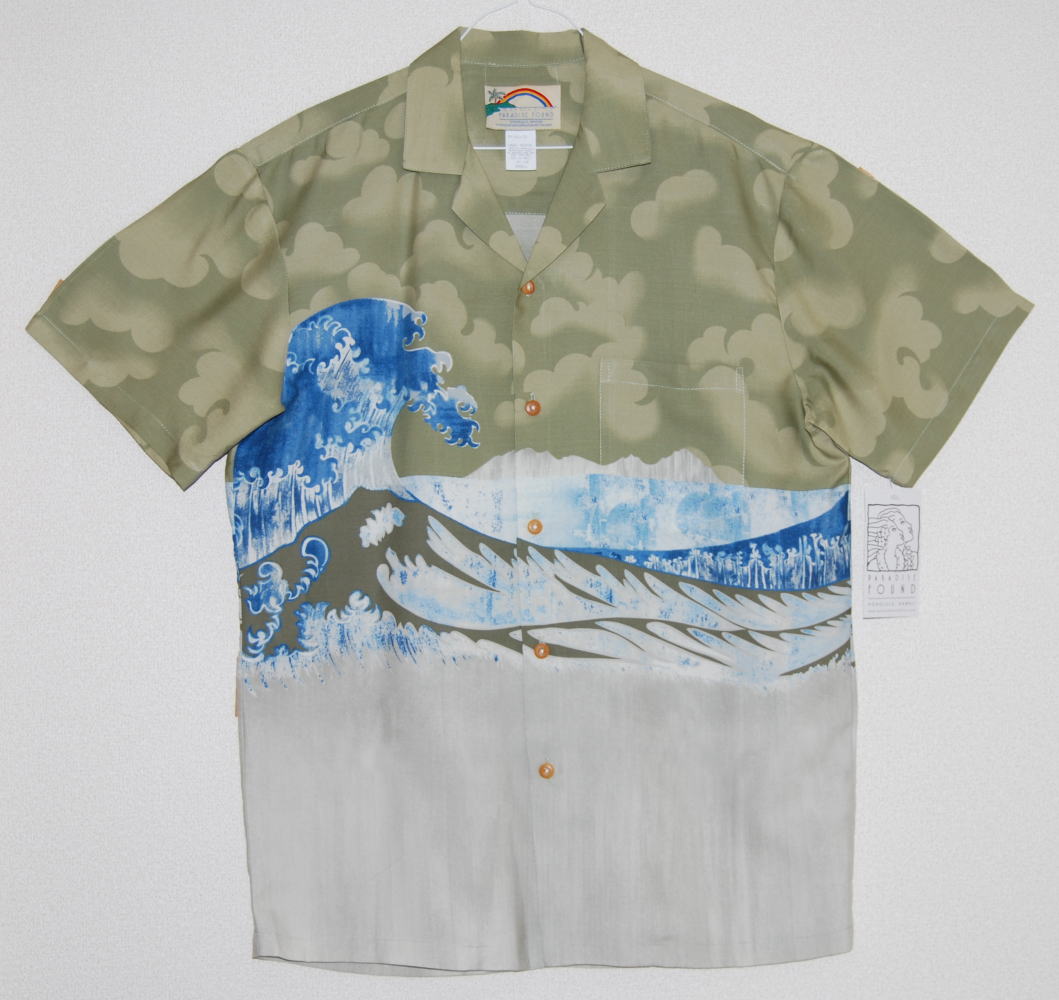 アロハシャツ｜PARADISE FOUND(パラダイスファウンド）｜PF100｜半袖｜メンズ｜カーキ｜新品｜USサイズ｜プレゼント｜波柄｜ウェーブ｜海｜ハワイアン｜レーヨン100％｜開襟（オープンカラー）