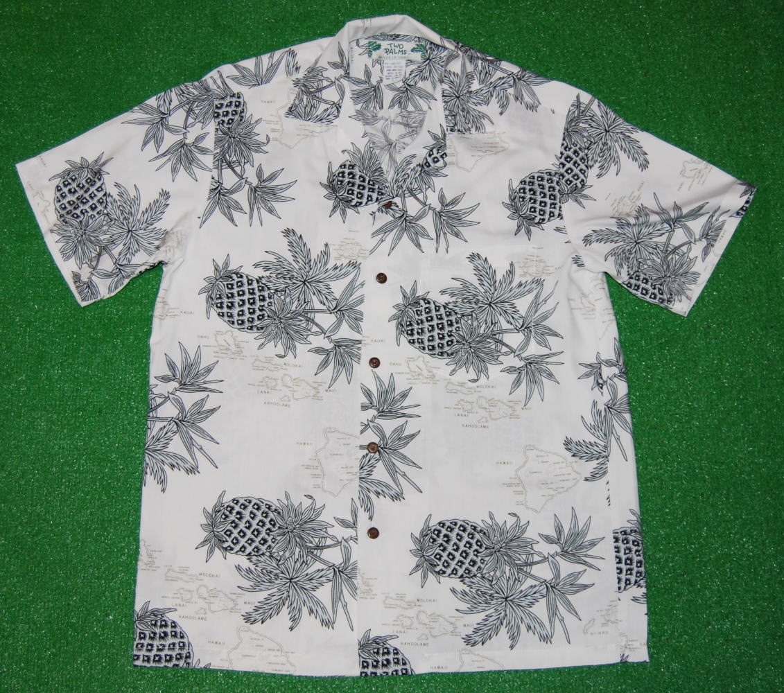 アロハシャツ メンズ レディース 半袖 TWO PALMS（ツーパームス） TWO014 白いこと・白 パイナップル アロハ州列島 気が大きい大きさ 一般受け 今めかしい 差し上げ物 差し上げ物 母の日 父の日 生まれ落ちる日 御芽出度 お祝 クリスマス 人絹100％ 開襟 貨物輸送無料