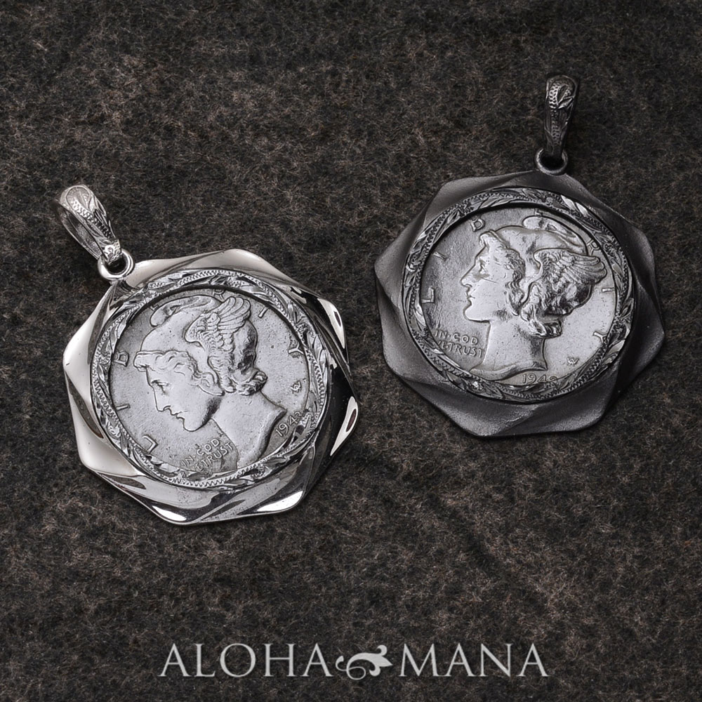 【ポイント5倍】ハワイアンジュエリー ペンダント ネックレス SV925 シルバー マーキュリーダイム コイン ヴィンテージ 硬貨 ヘッド 希少 ラッキーアイテム お守りブラックコーテイング 付属チェーン無し レディース メンズ apd1970