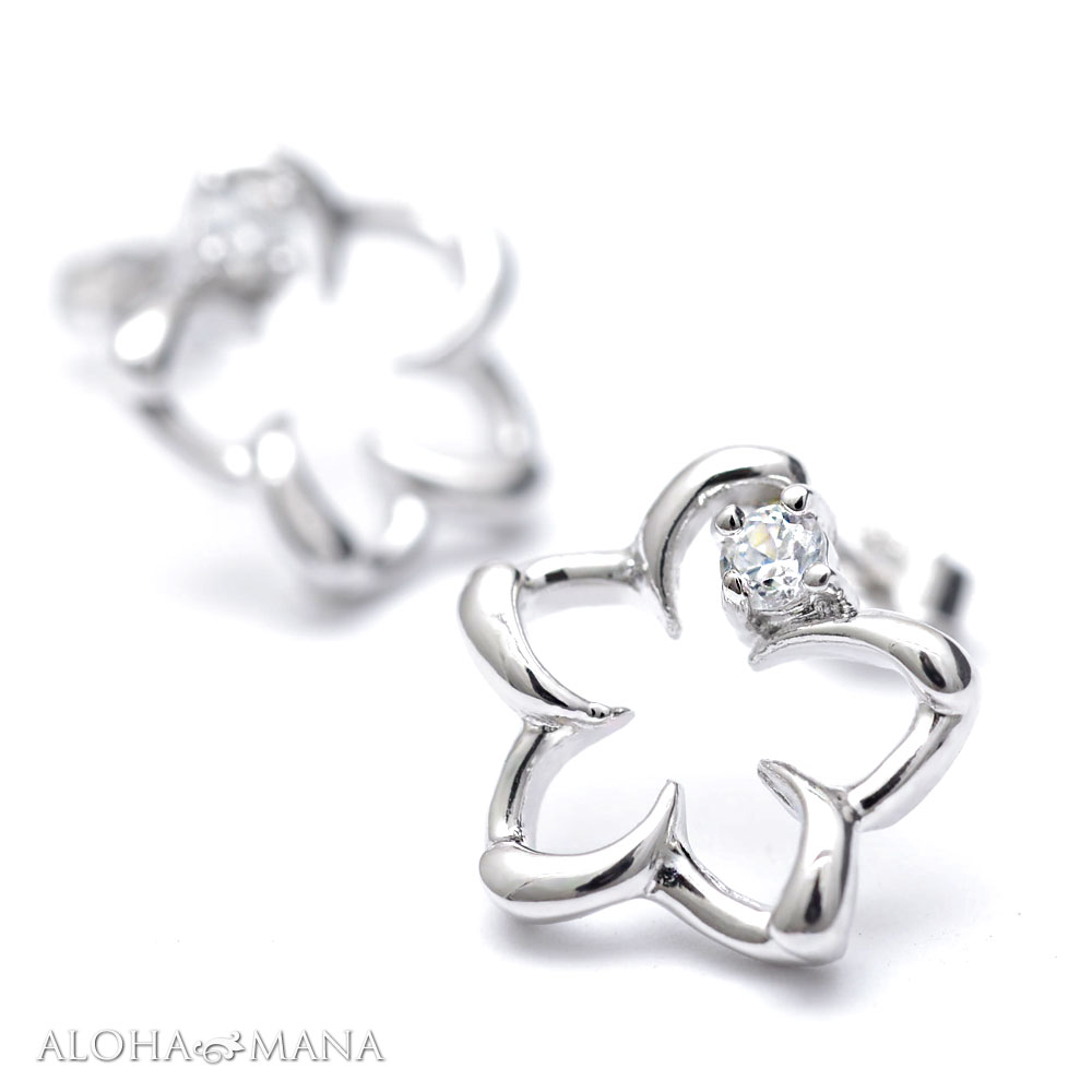 ハワイアンジュエリー ピアス スタッドピアス スターリングシルバー カットアウト ハワイアンプルメリア Cz ピアス両耳 Salon Raquet De