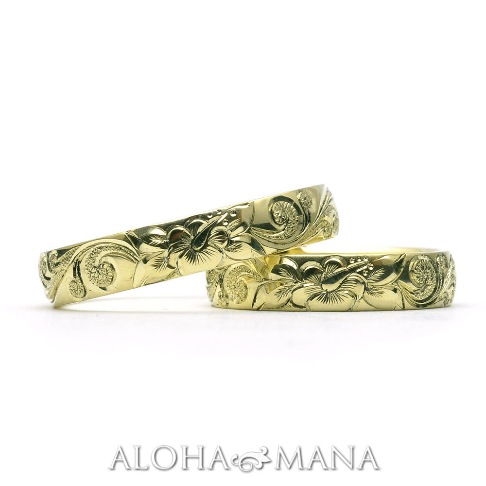 ハワイアンジュエリー 結婚指輪 ONLYONE マリッジ ペアリング k14 k18 グリーンゴールド ハイビスカス バレル ノーエッジまたはカットアウトエッジ オーダーメイドリング (幅4mmまたは6mm 厚み1.5mm) 14金 18金 記念日 名入れ 刻印 2個セット 207,900円